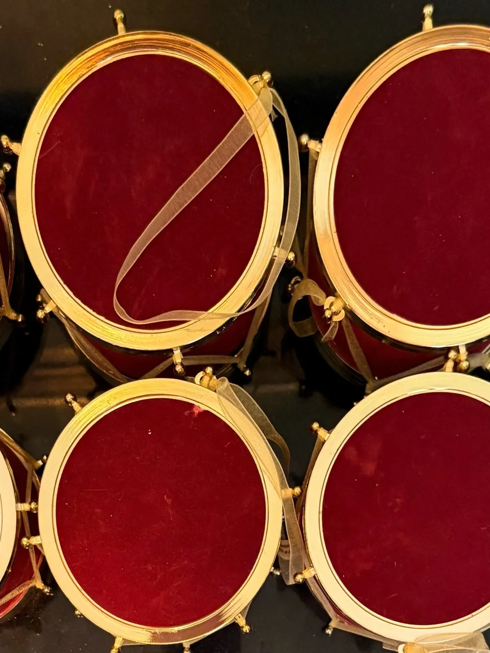 Six Festive Red Drum Ornaments with Gold Accents 4” Diameter